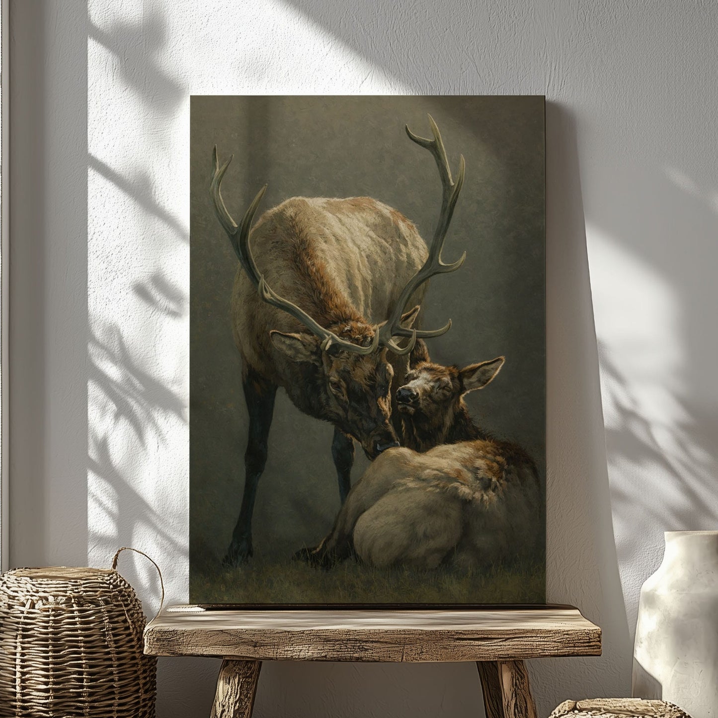 Elk Mother and Calf Canvas Wall Art Rustic Cabin Wildlife Decor