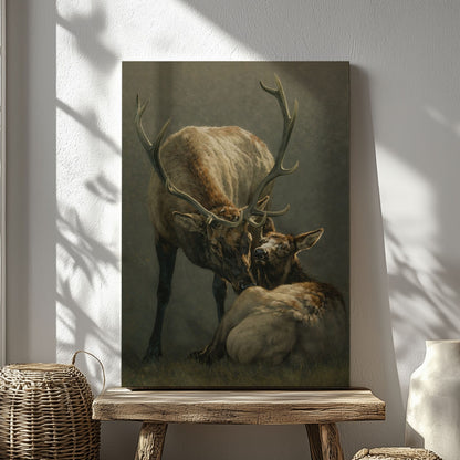 Elk Mother and Calf Canvas Wall Art Rustic Cabin Wildlife Decor