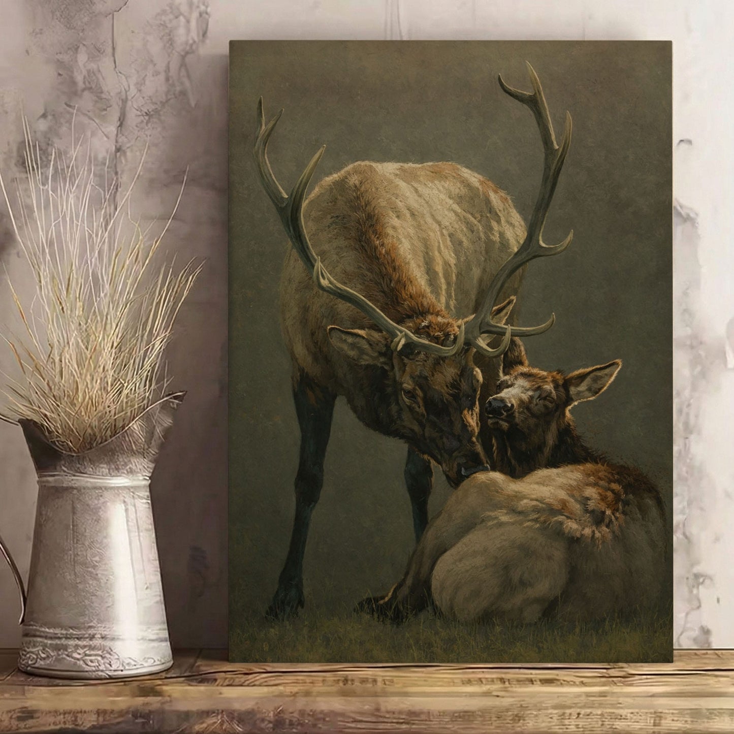 Elk Mother and Calf Canvas Wall Art Rustic Cabin Wildlife Decor