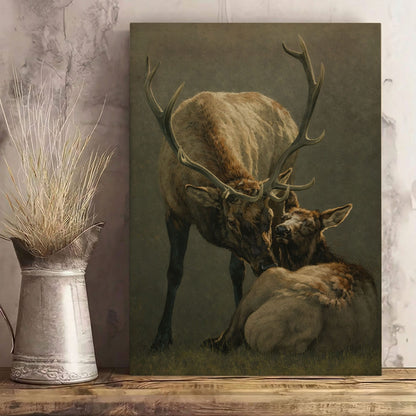 Elk Mother and Calf Canvas Wall Art Rustic Cabin Wildlife Decor