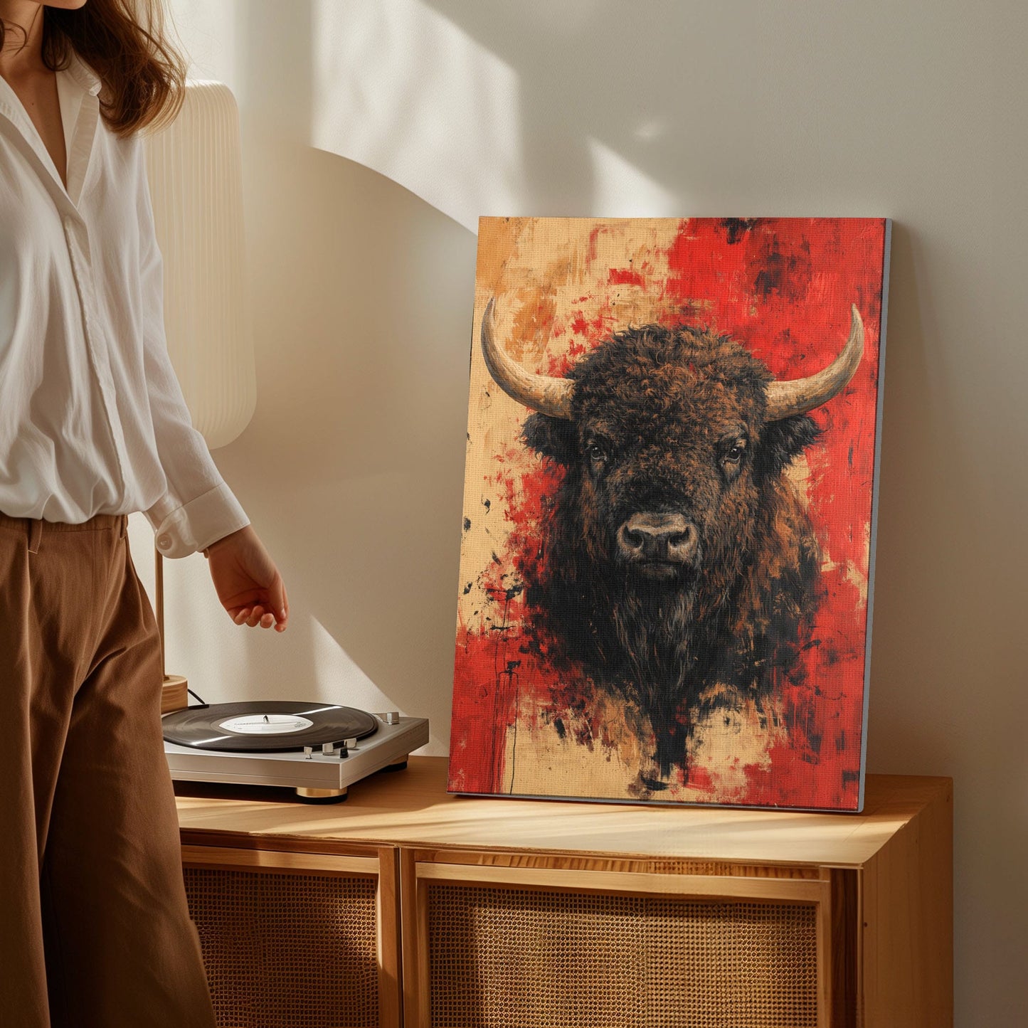 Abstract Bison Canvas Wall Art Bold Buffalo Portrait Bar Decor