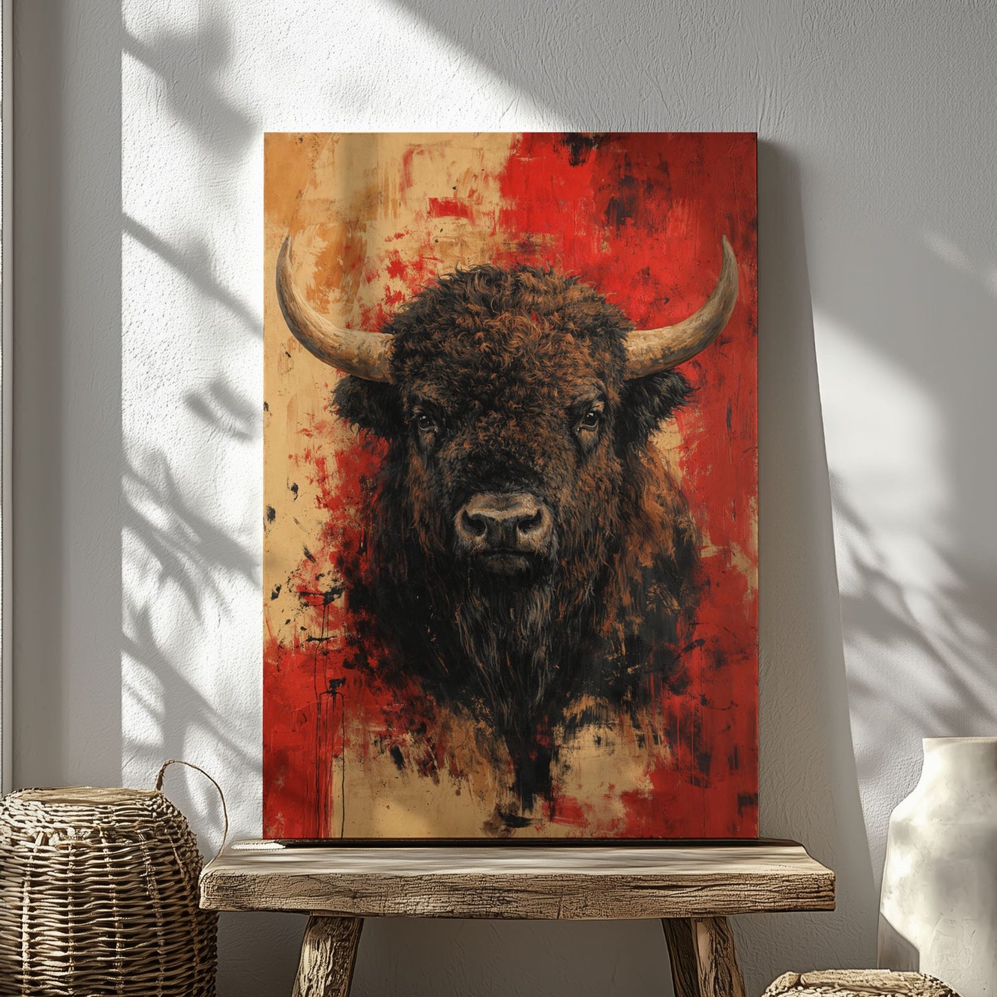 Abstract Bison Canvas Wall Art Bold Buffalo Portrait Bar Decor