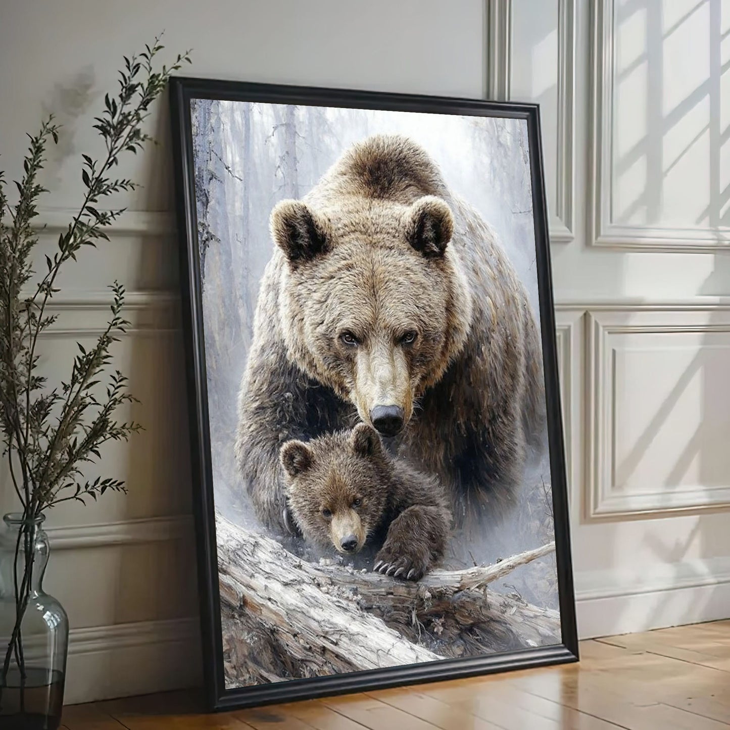 Mama Bear and Cub Canvas Wall Art Rustic Cabin Wildlife Decor