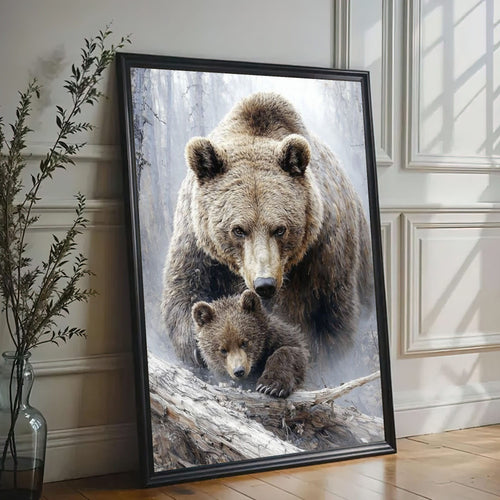 Mama Bear and Cub Canvas Wall Art Rustic Cabin Wildlife Decor