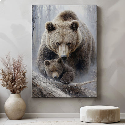 Mama Bear and Cub Canvas Wall Art Rustic Cabin Wildlife Decor