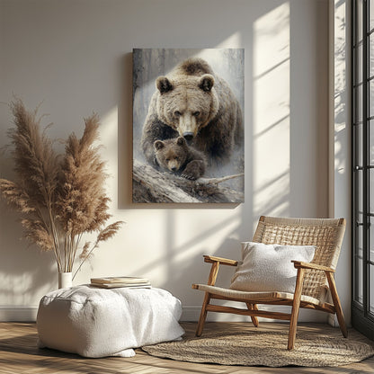 Mama Bear and Cub Canvas Wall Art Rustic Cabin Wildlife Decor