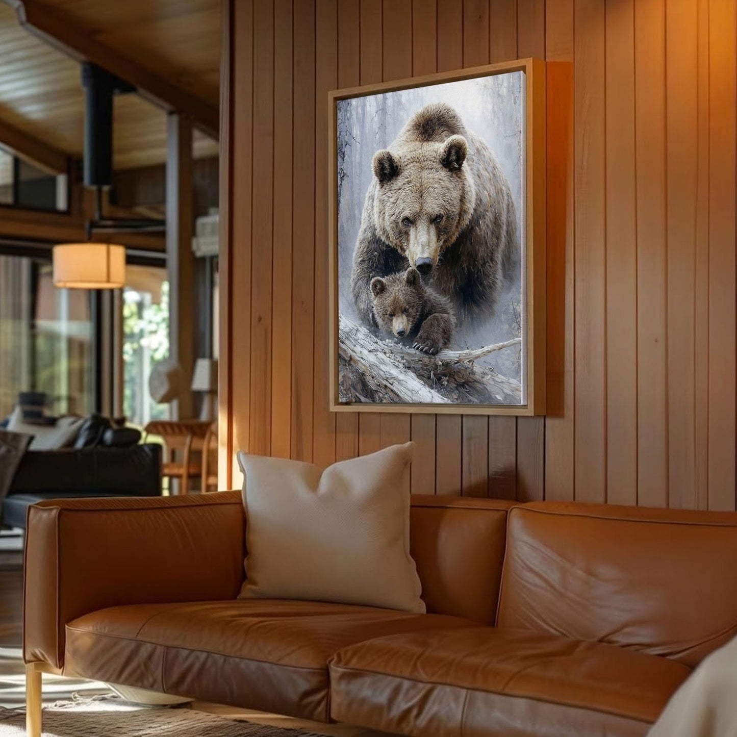 Mama Bear and Cub Canvas Wall Art Rustic Cabin Wildlife Decor