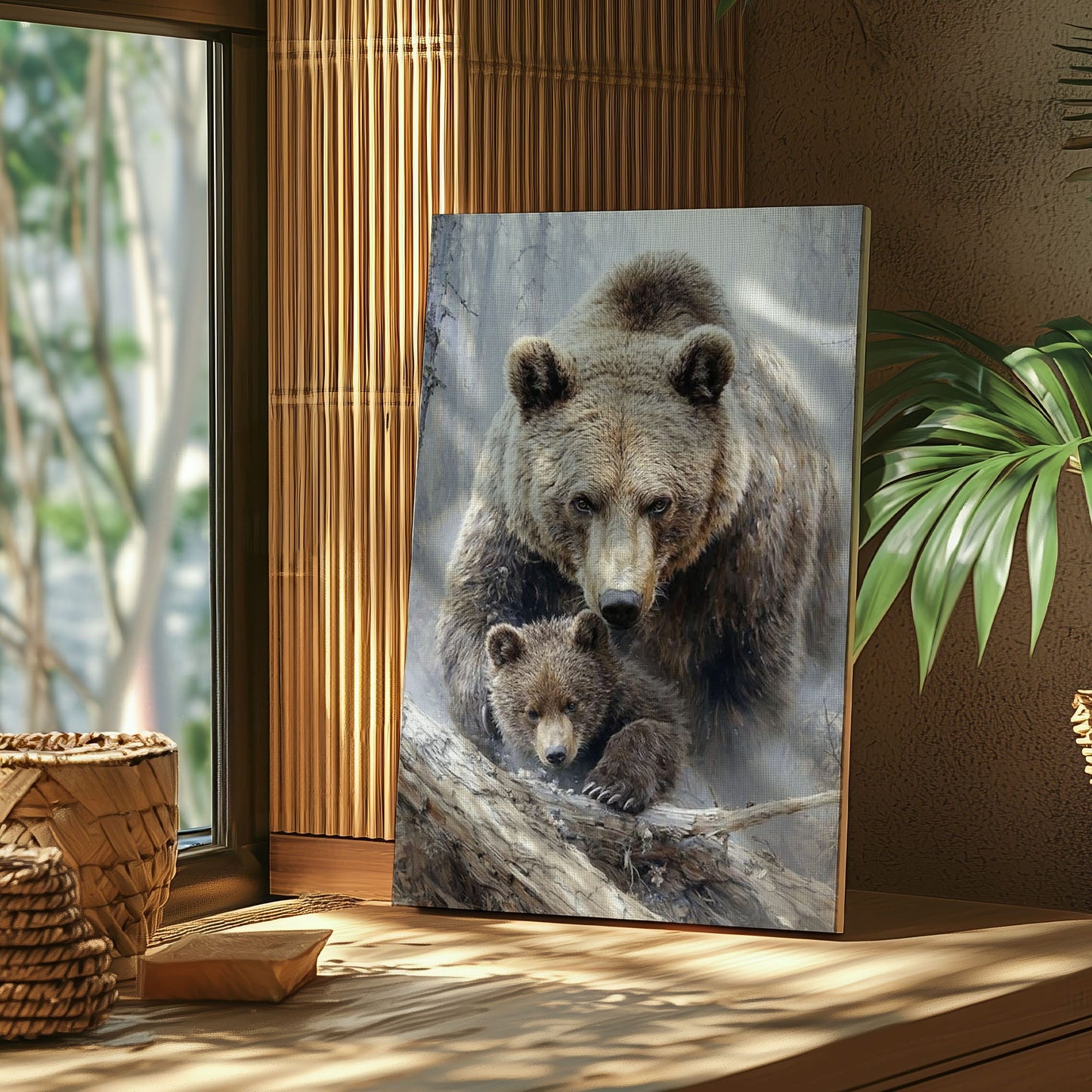 Mama Bear and Cub Canvas Wall Art Rustic Cabin Wildlife Decor