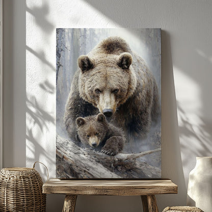 Mama Bear and Cub Canvas Wall Art Rustic Cabin Wildlife Decor