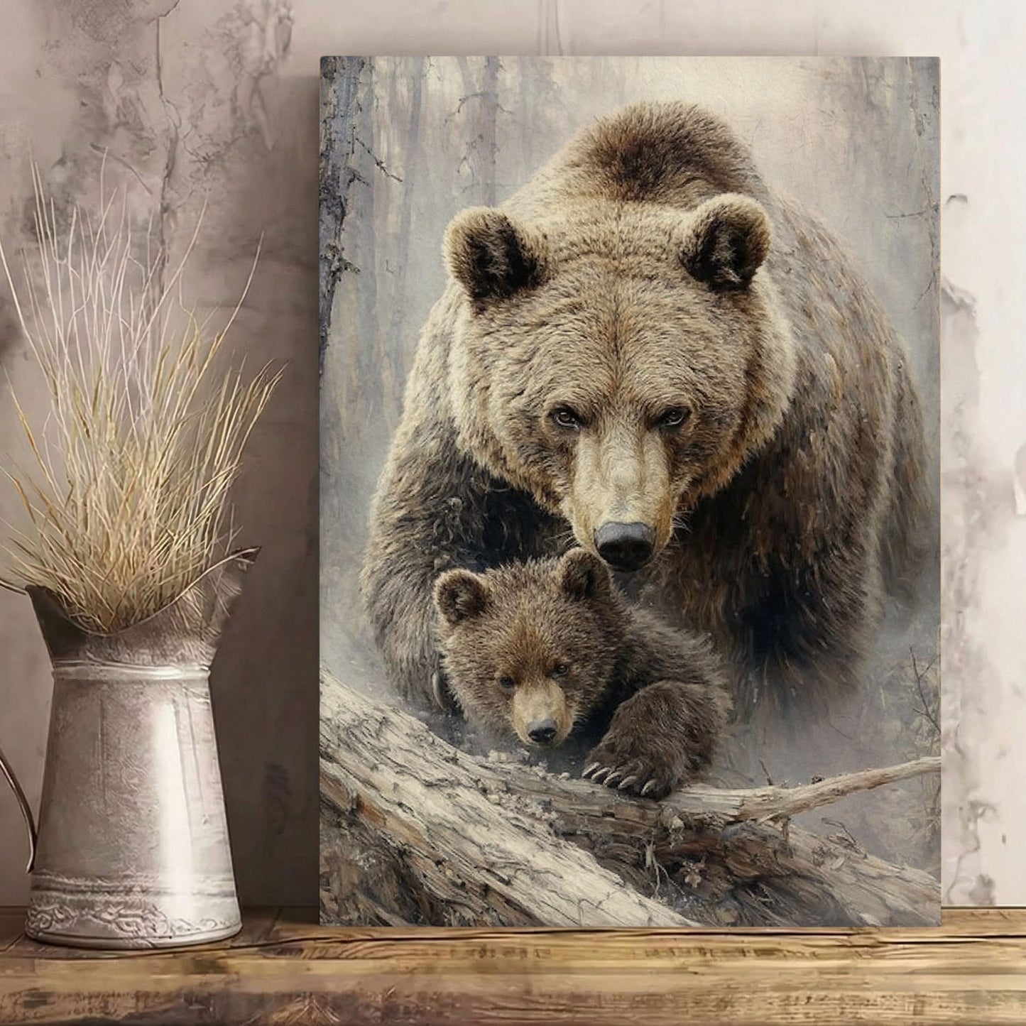 Mama Bear and Cub Canvas Wall Art Rustic Cabin Wildlife Decor