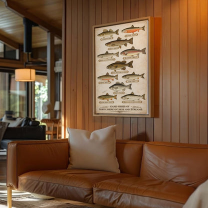 Fishing Cabin Wall Art Canvas Game Fish Identification Guide Vintage Print