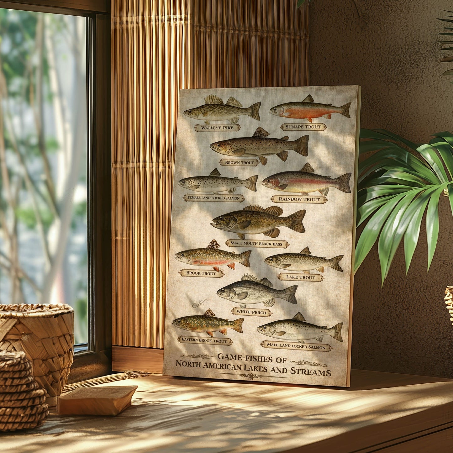 Fishing Cabin Wall Art Canvas Game Fish Identification Guide Vintage Print