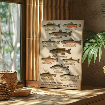 Fishing Cabin Wall Art Canvas Game Fish Identification Guide Vintage Print