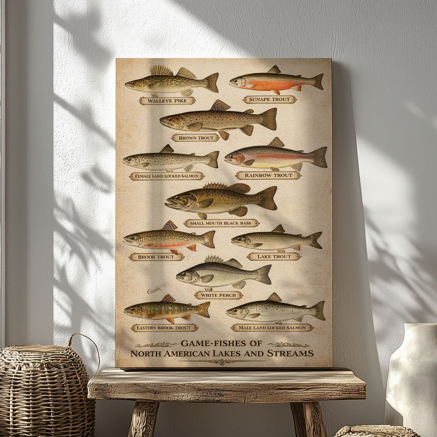 Fishing Cabin Wall Art Canvas Game Fish Identification Guide Vintage Print