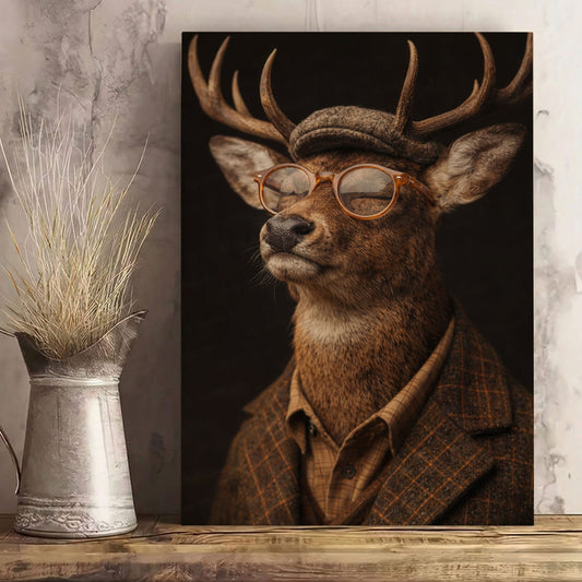 Dapper Deer Canvas Print Stag with Glasses and Flat Cap Wall Decor