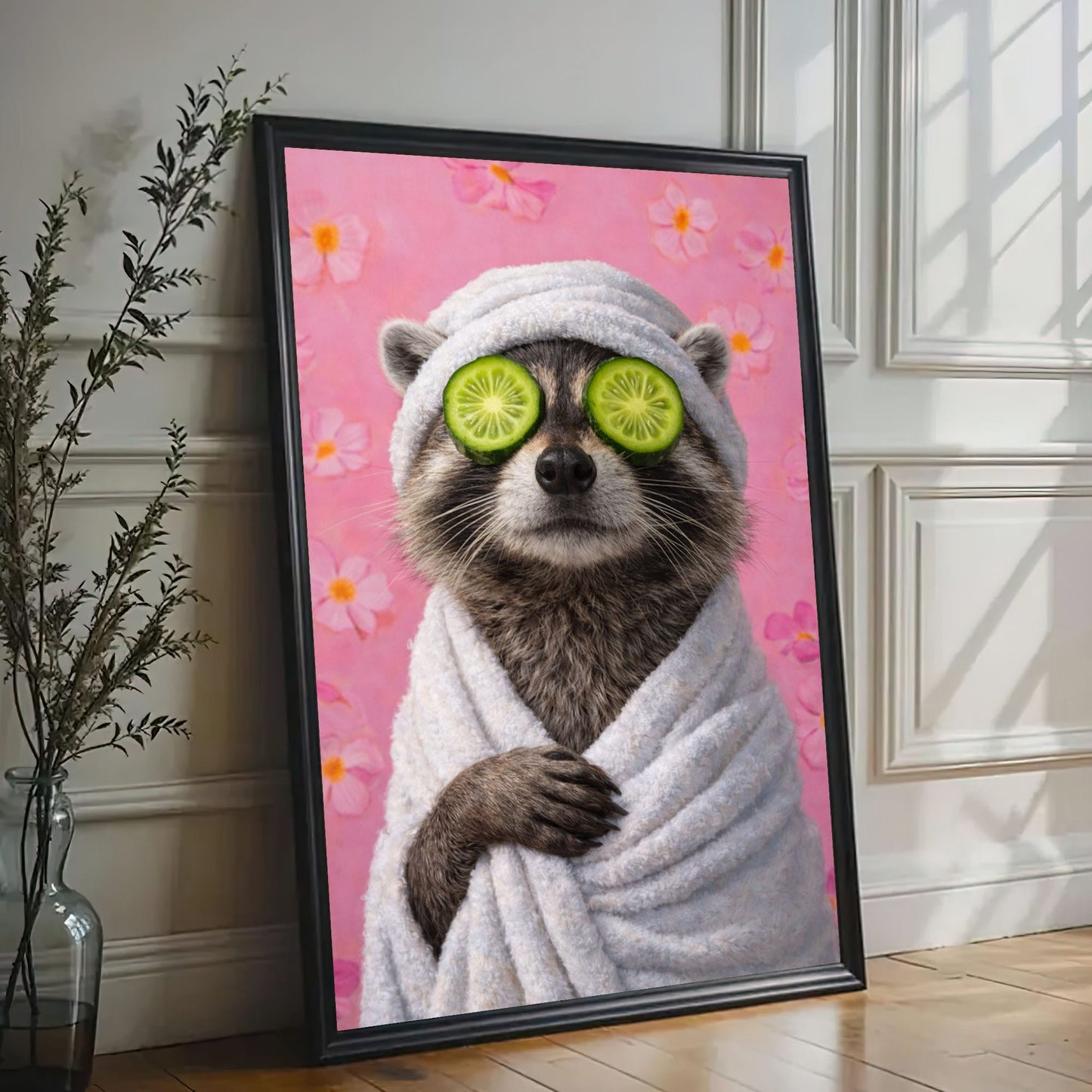 Raccoon Bathroom Canvas Wall Art Spa Day Cucumber Eyes Decor