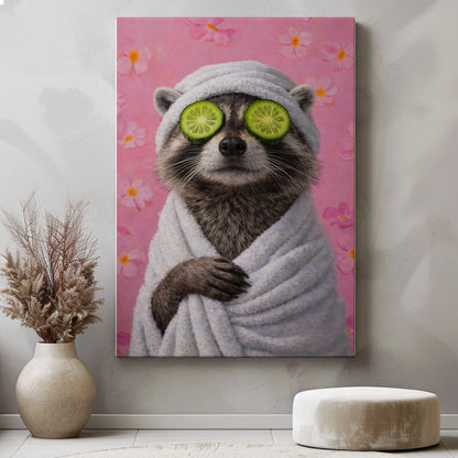 Raccoon Bathroom Canvas Wall Art Spa Day Cucumber Eyes Decor