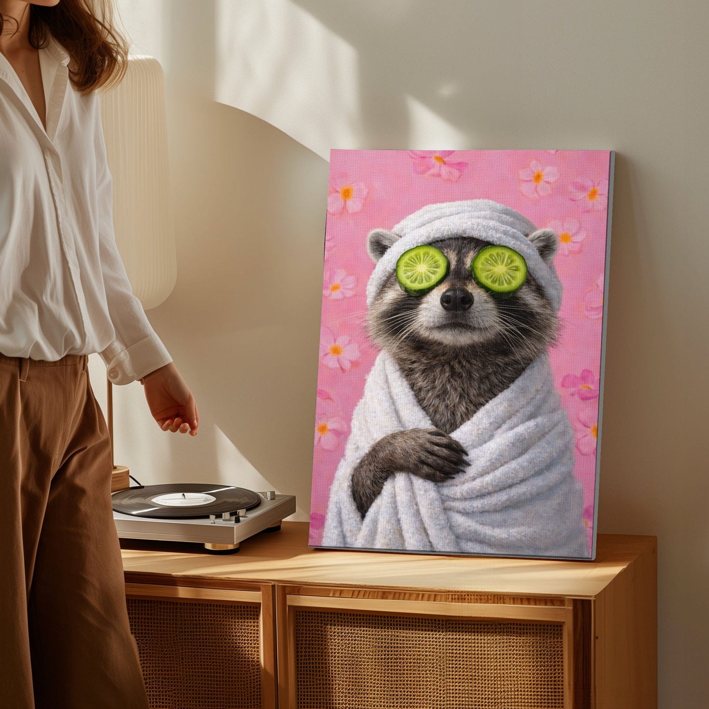 Raccoon Bathroom Canvas Wall Art Spa Day Cucumber Eyes Decor