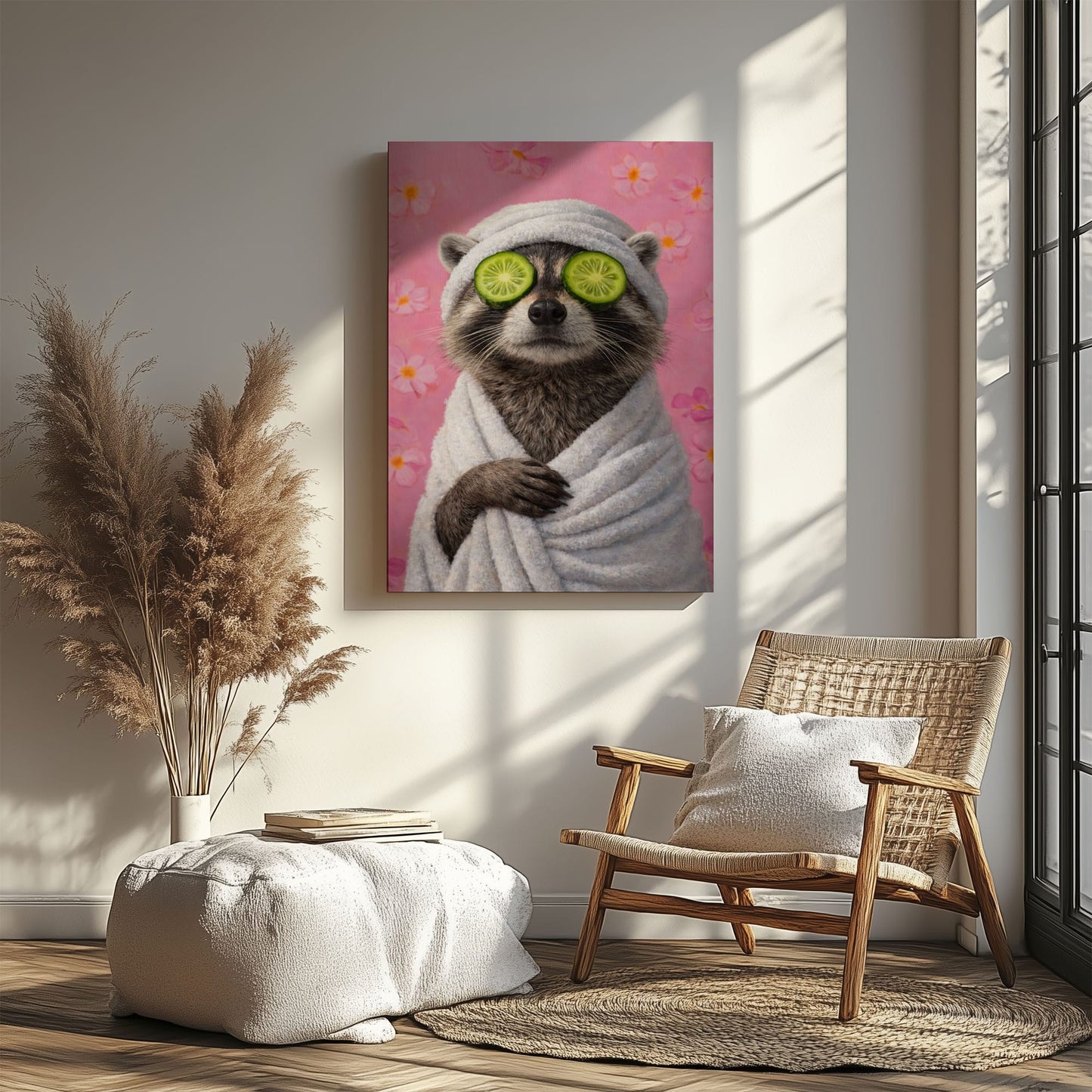 Raccoon Bathroom Canvas Wall Art Spa Day Cucumber Eyes Decor
