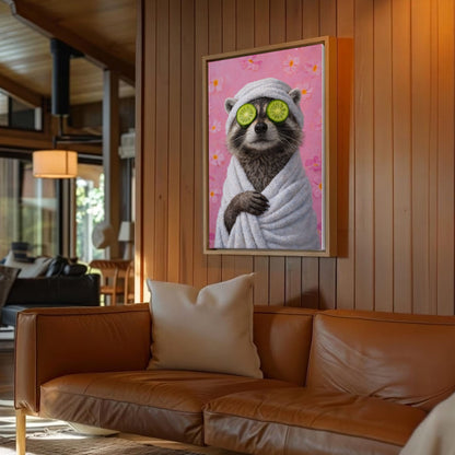 Raccoon Bathroom Canvas Wall Art Spa Day Cucumber Eyes Decor