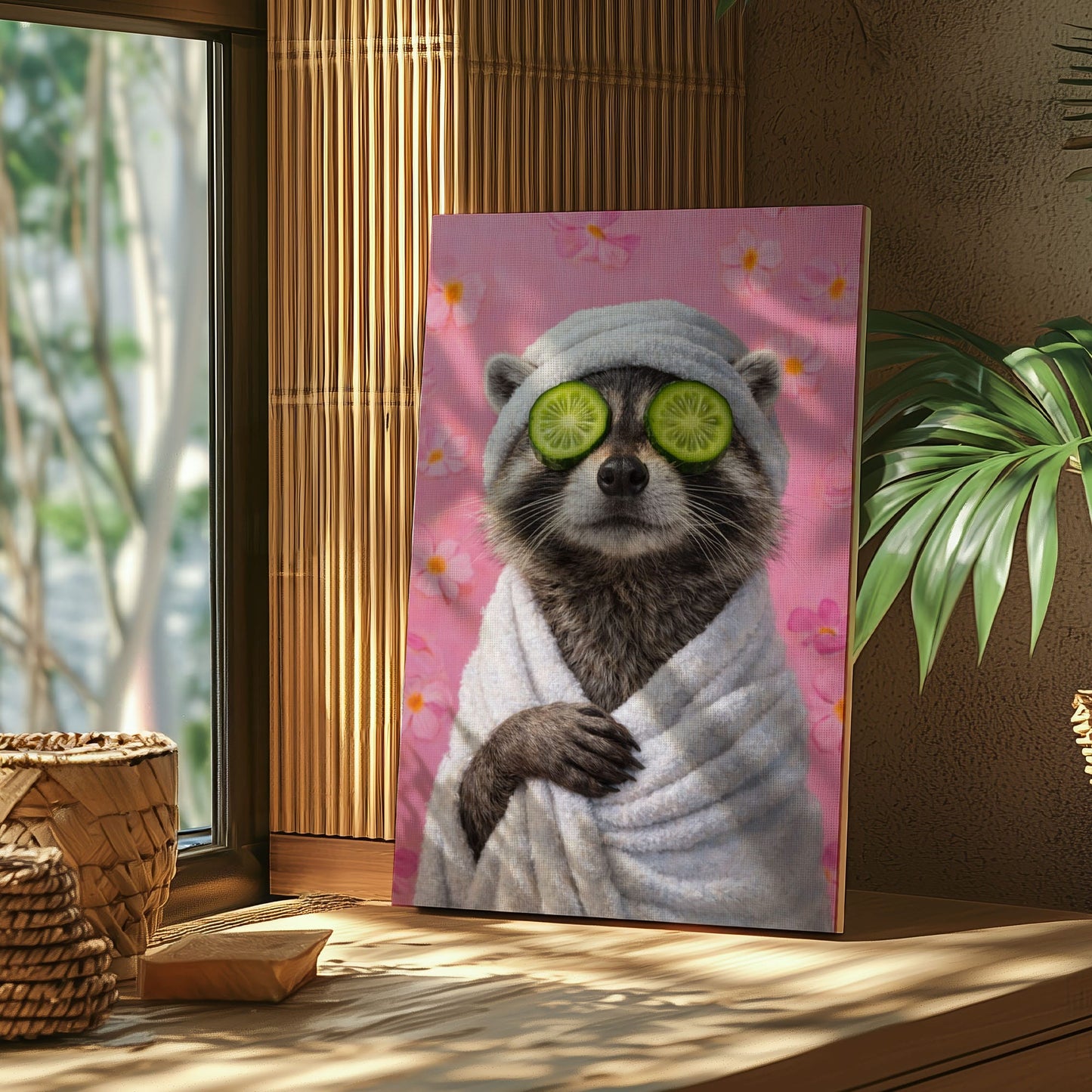 Raccoon Bathroom Canvas Wall Art Spa Day Cucumber Eyes Decor