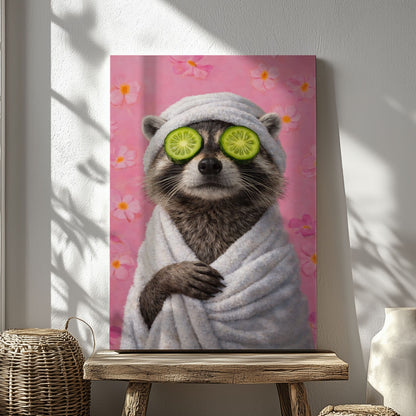 Raccoon Bathroom Canvas Wall Art Spa Day Cucumber Eyes Decor