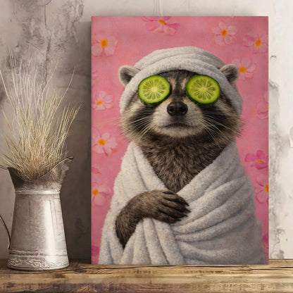 Raccoon Bathroom Canvas Wall Art Spa Day Cucumber Eyes Decor