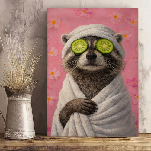Raccoon Bathroom Canvas Wall Art Spa Day Cucumber Eyes Decor