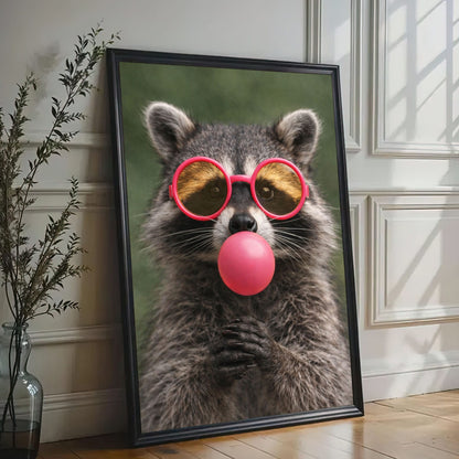 Raccoon Bubble Gum Canvas Wall Art Pink Sunglasses Cute Decor