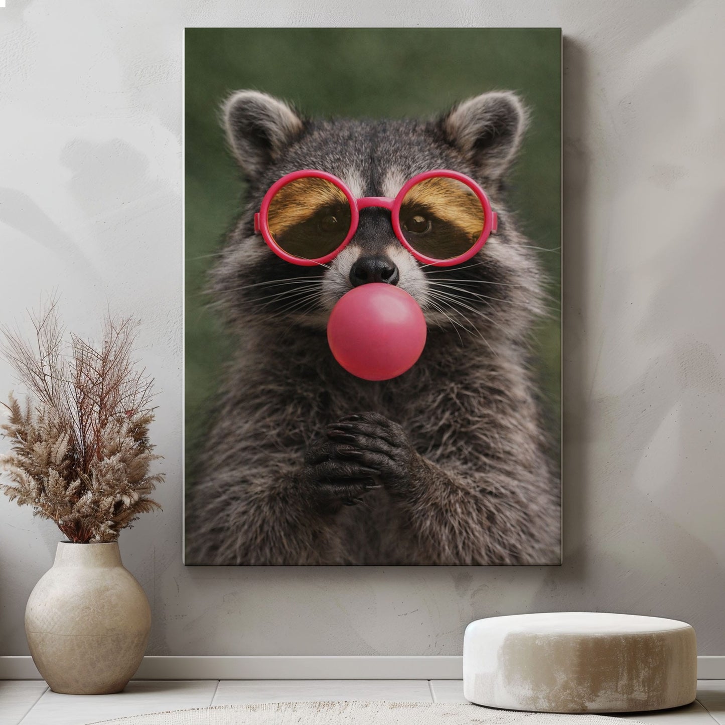 Raccoon Bubble Gum Canvas Wall Art Pink Sunglasses Cute Decor
