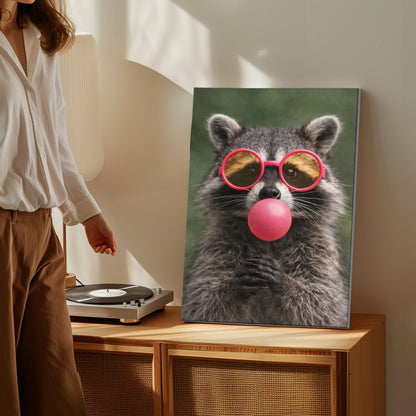 Raccoon Bubble Gum Canvas Wall Art Pink Sunglasses Cute Decor