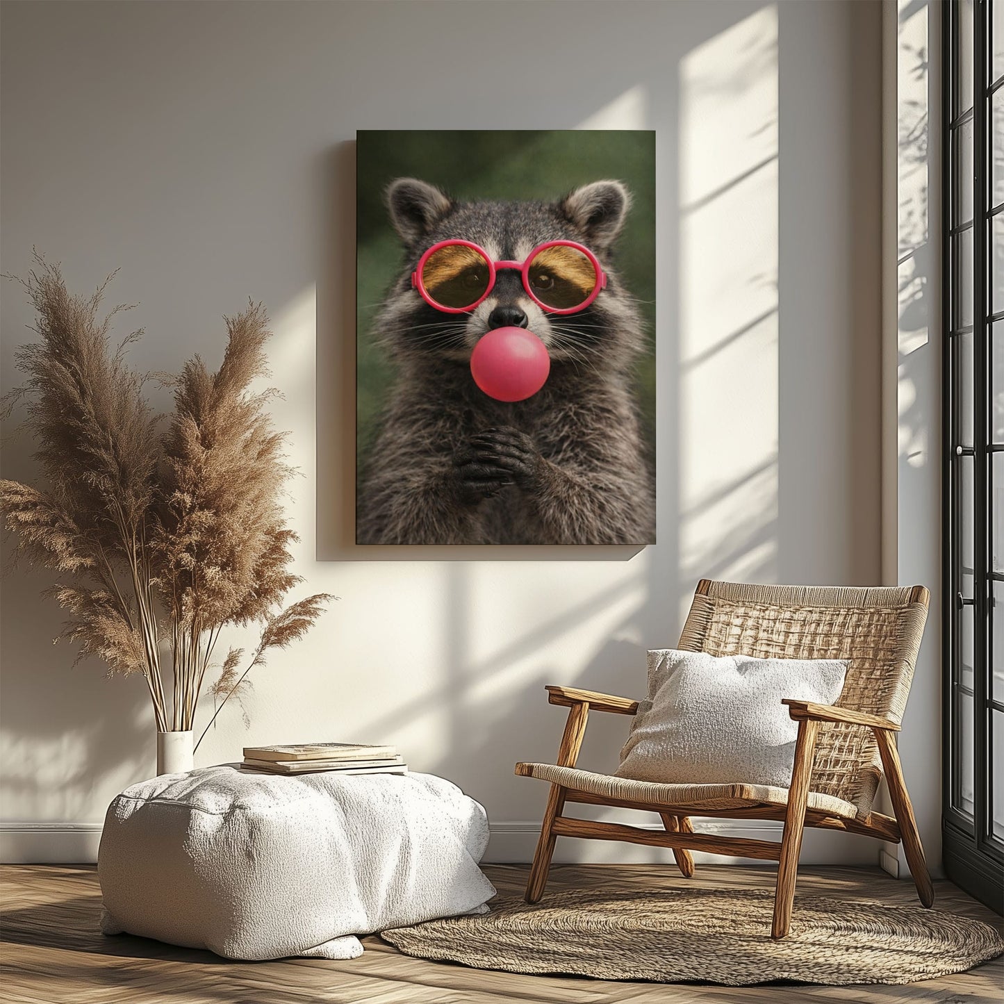 Raccoon Bubble Gum Canvas Wall Art Pink Sunglasses Cute Decor