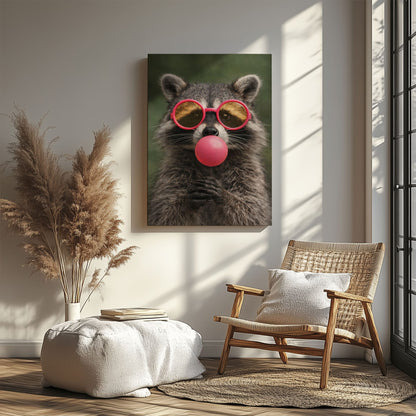 Raccoon Bubble Gum Canvas Wall Art Pink Sunglasses Cute Decor