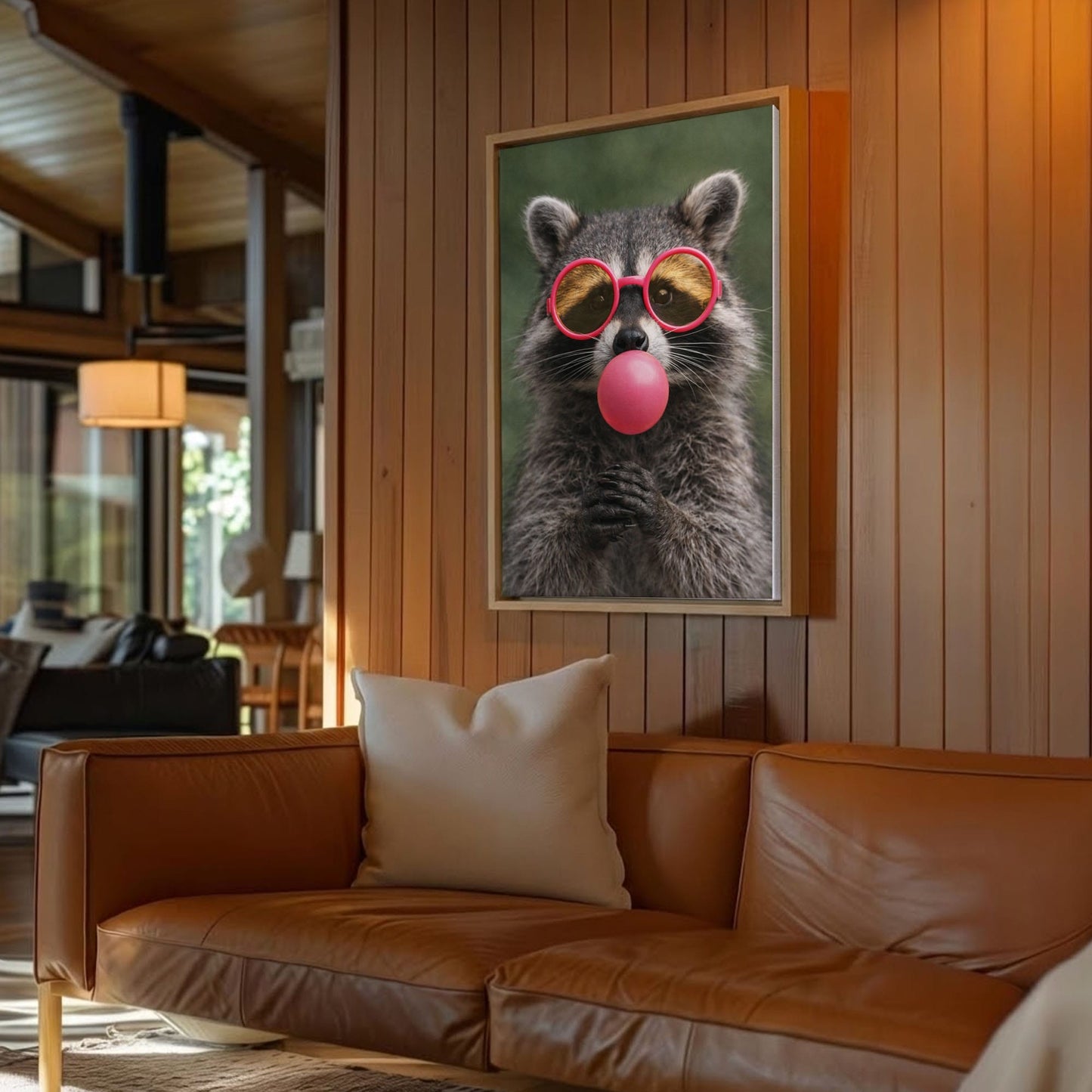 Raccoon Bubble Gum Canvas Wall Art Pink Sunglasses Cute Decor