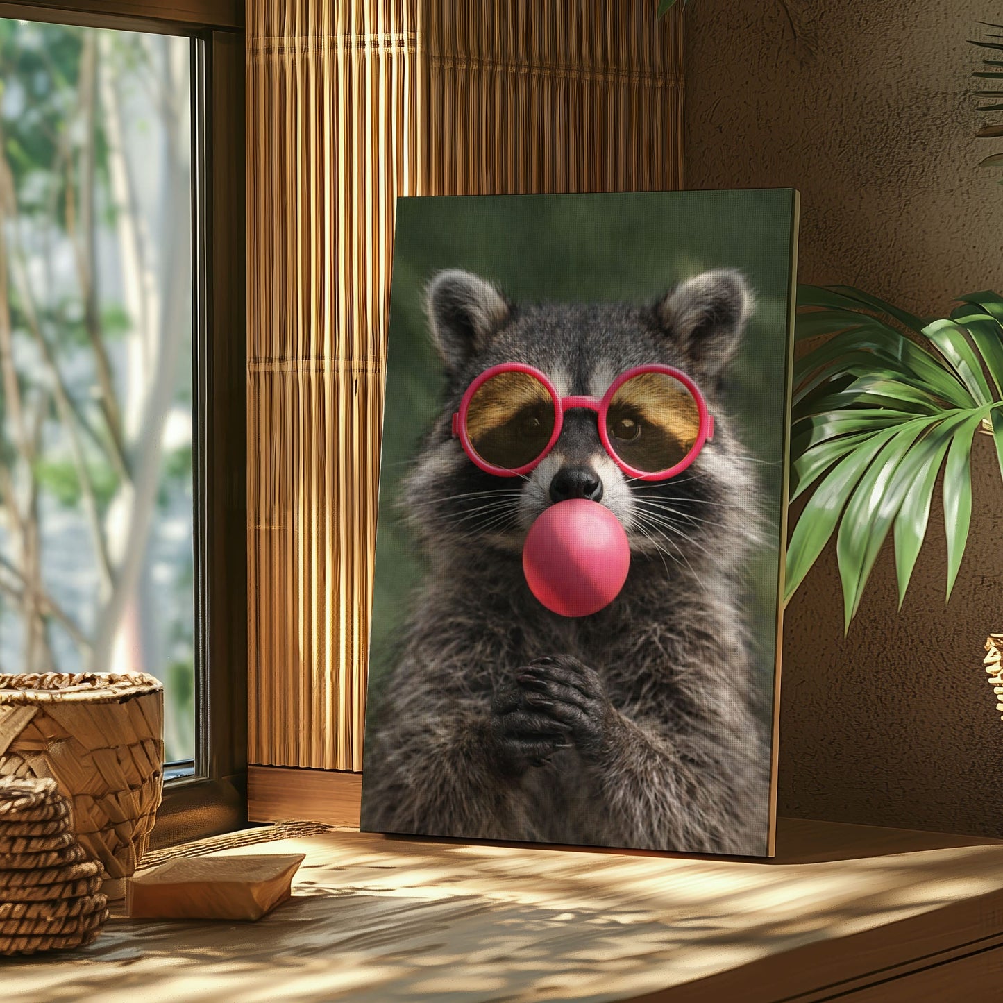 Raccoon Bubble Gum Canvas Wall Art Pink Sunglasses Cute Decor