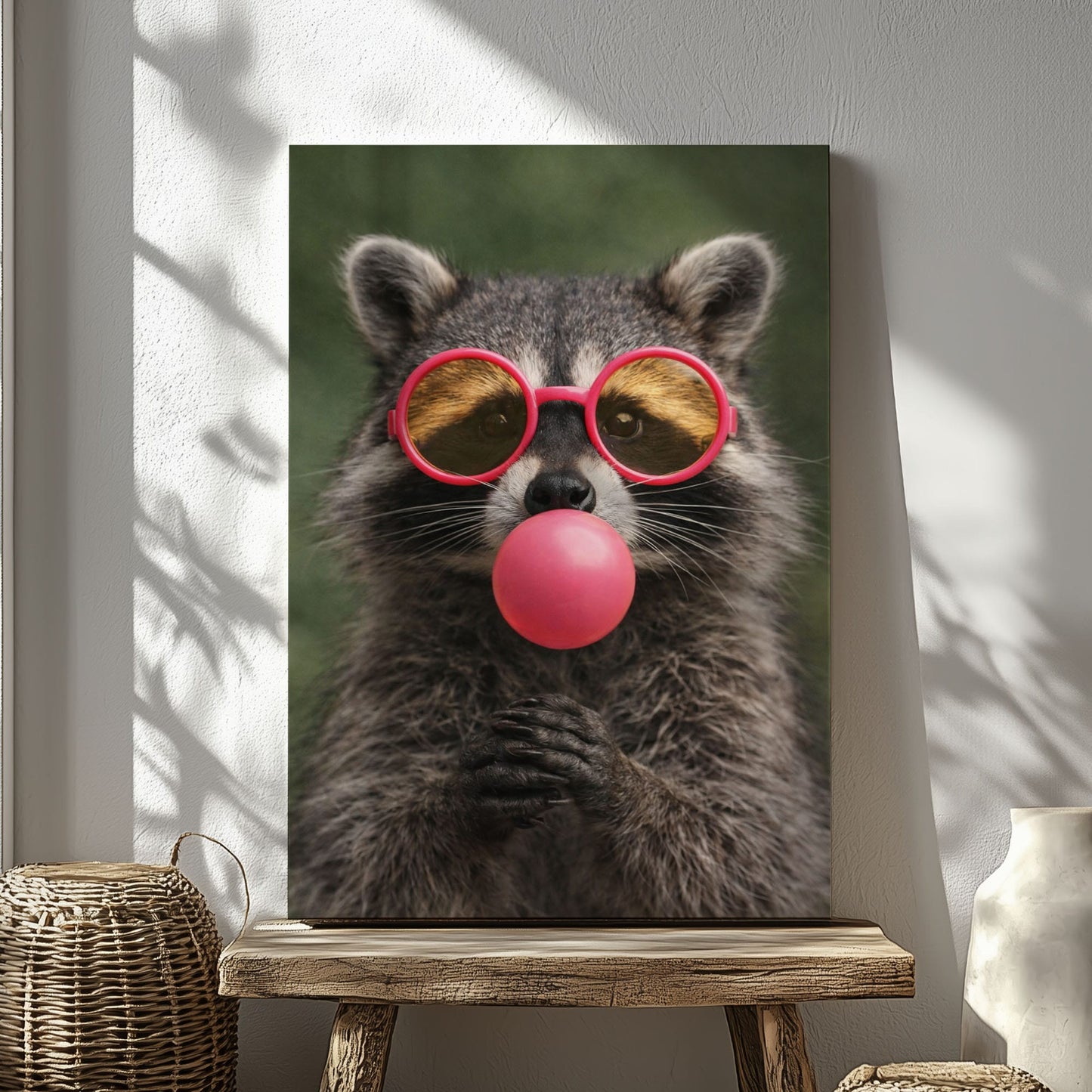 Raccoon Bubble Gum Canvas Wall Art Pink Sunglasses Cute Decor