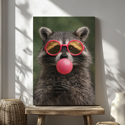 Raccoon Bubble Gum Canvas Wall Art Pink Sunglasses Cute Decor
