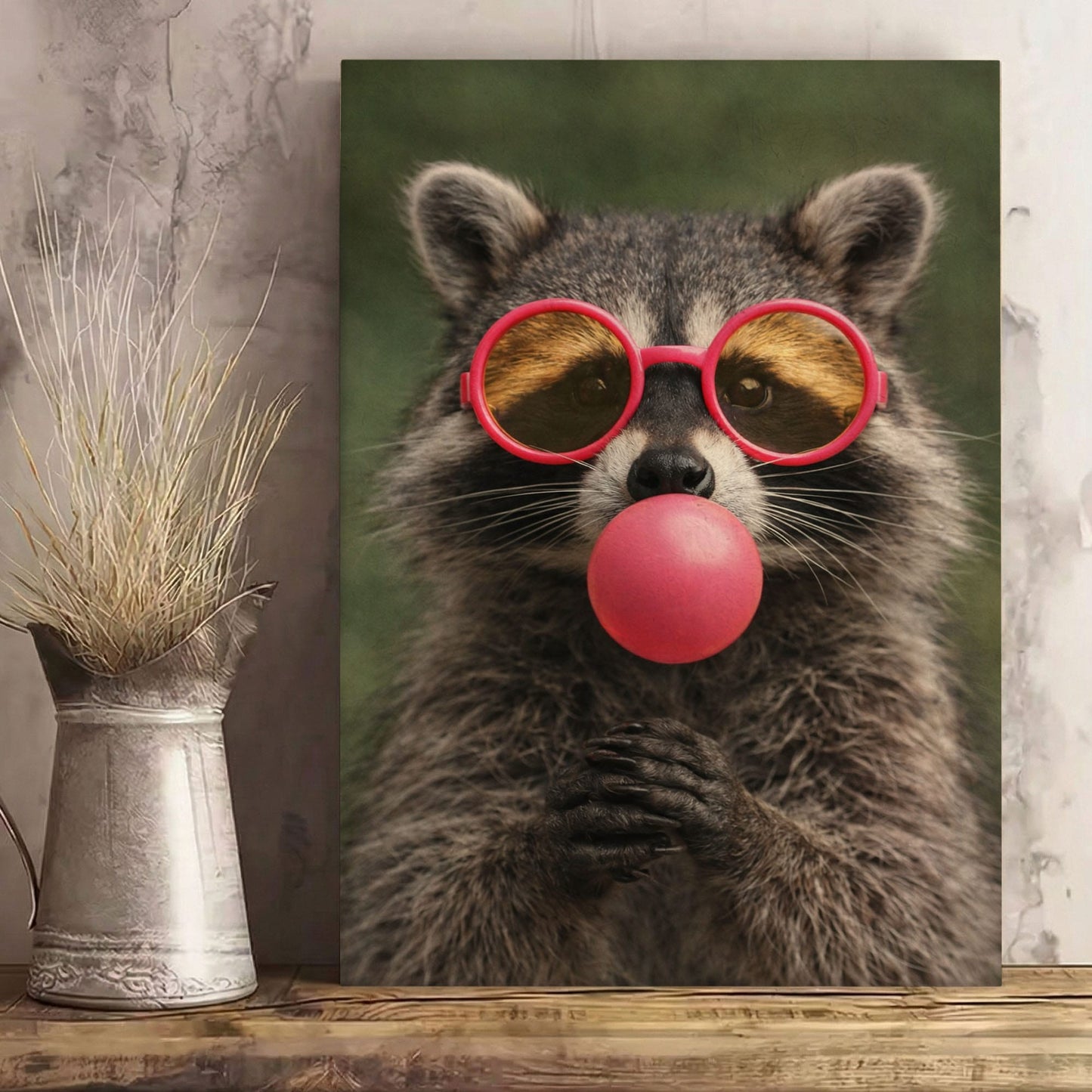 Raccoon Bubble Gum Canvas Wall Art Pink Sunglasses Cute Decor