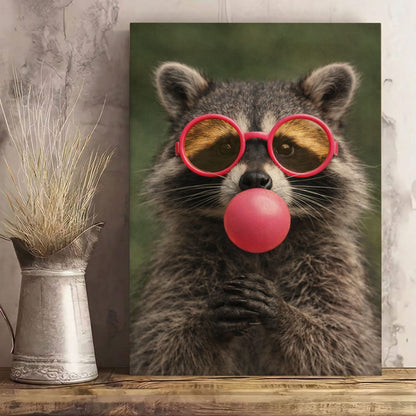Raccoon Bubble Gum Canvas Wall Art Pink Sunglasses Cute Decor