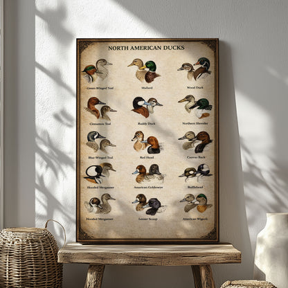North American Ducks Chart Waterfowl Identification Canvas Wall Art Gift for Hunters