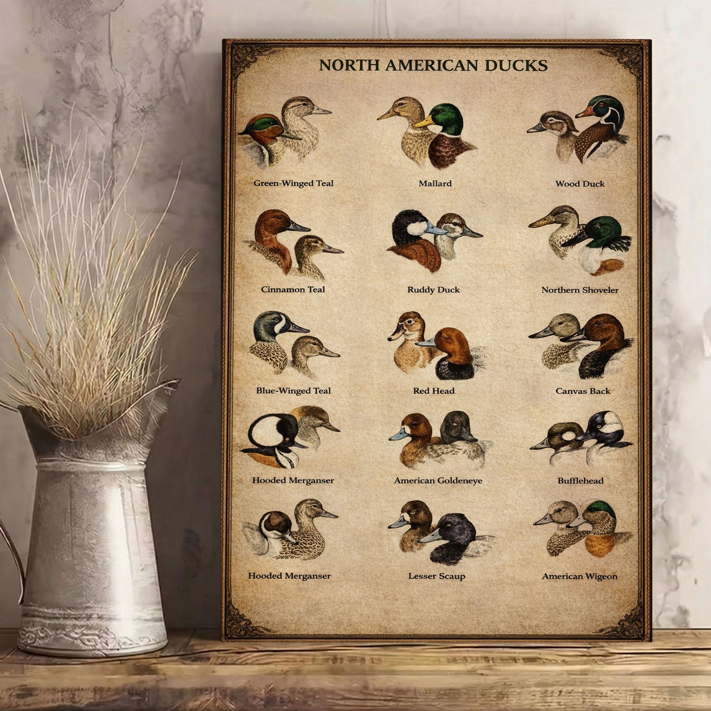 North American Ducks Chart Waterfowl Identification Canvas Wall Art Gift for Hunters