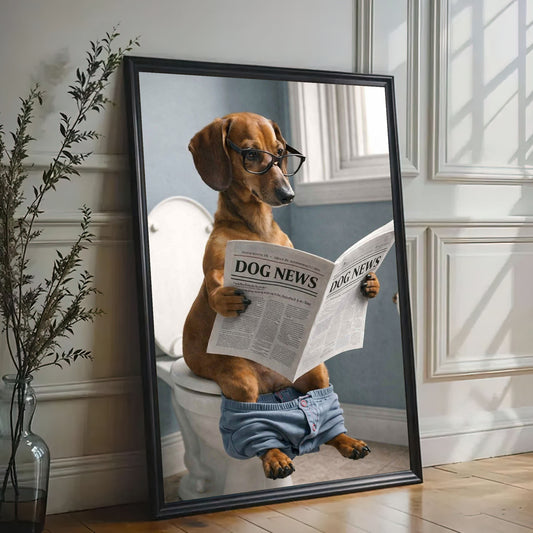 Dog Bathroom Wall Art Print, Dachshund Reading Newspaper on Toilet Canvas