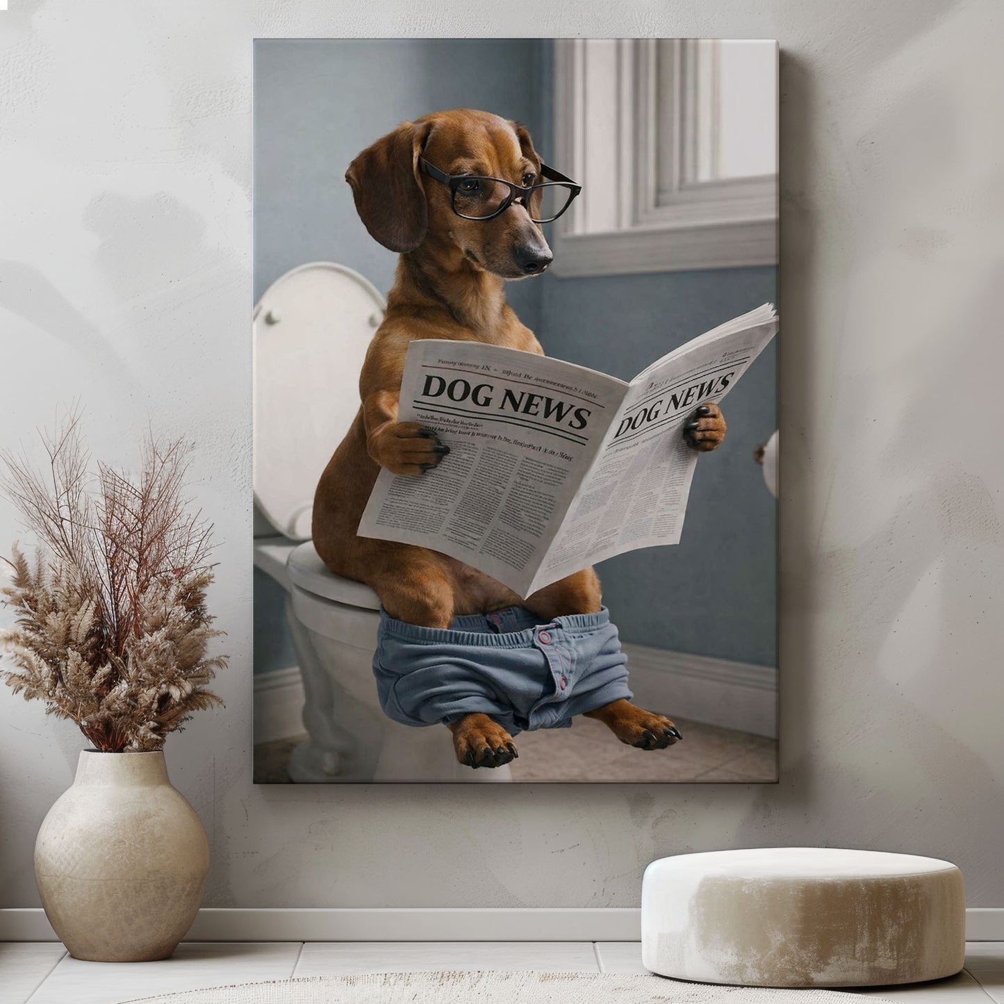 Dog Bathroom Wall Art Print, Dachshund Reading Newspaper on Toilet Canvas