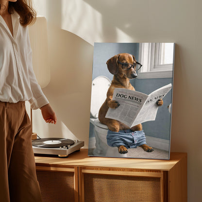 Dog Bathroom Wall Art Print, Dachshund Reading Newspaper on Toilet Canvas