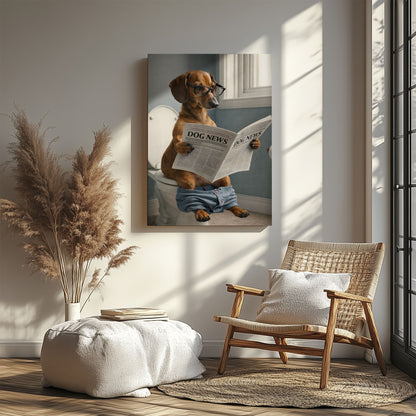 Dog Bathroom Wall Art Print, Dachshund Reading Newspaper on Toilet Canvas