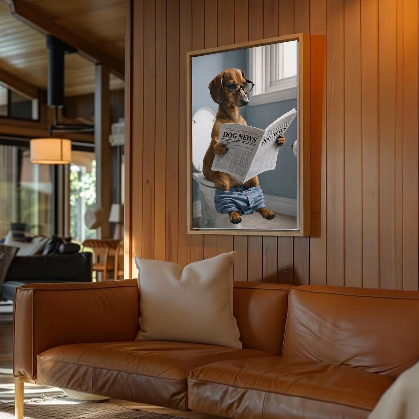 Dog Bathroom Wall Art Print, Dachshund Reading Newspaper on Toilet Canvas