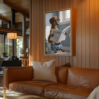 Dog Bathroom Wall Art Print, Dachshund Reading Newspaper on Toilet Canvas