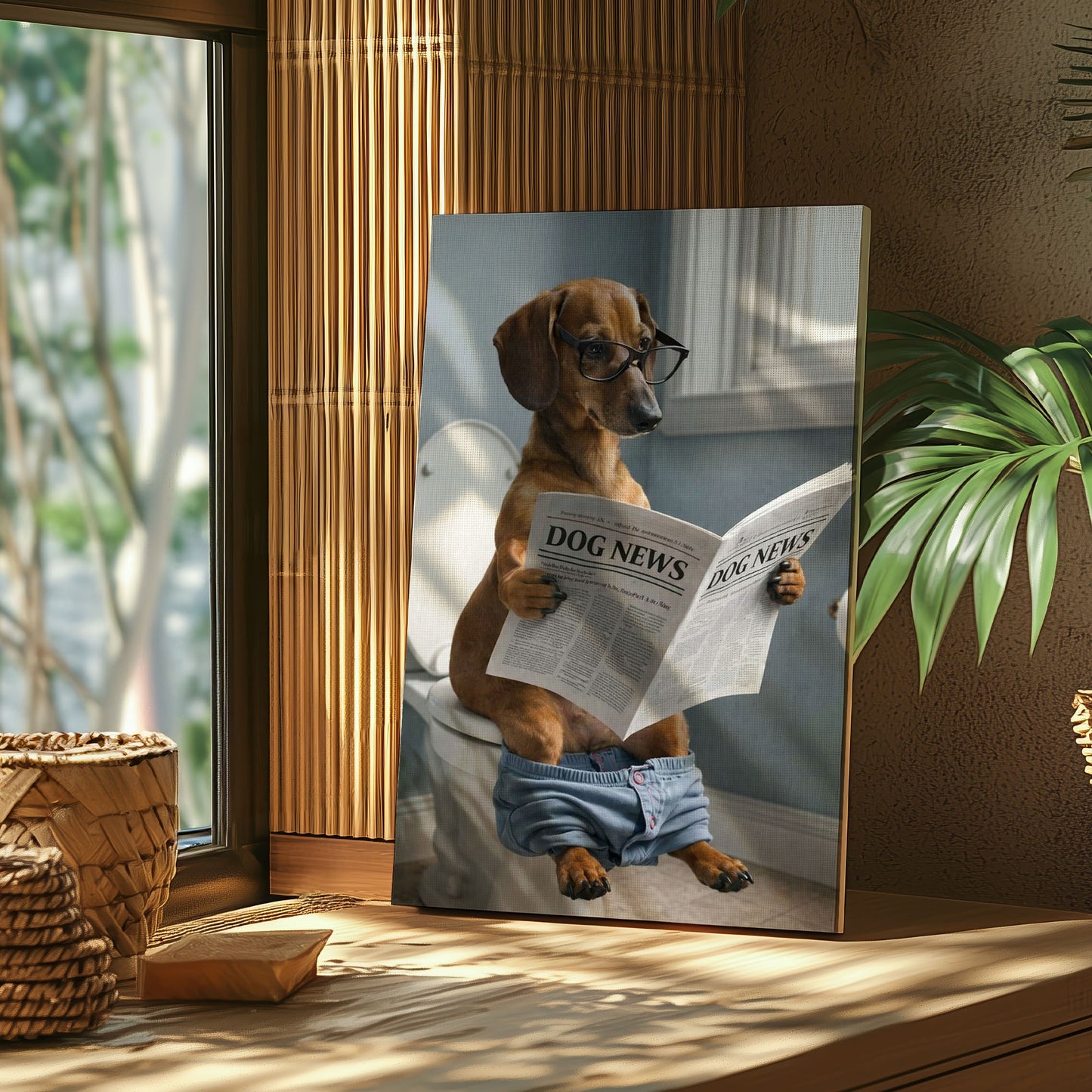 Dog Bathroom Wall Art Print, Dachshund Reading Newspaper on Toilet Canvas