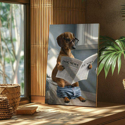 Dog Bathroom Wall Art Print, Dachshund Reading Newspaper on Toilet Canvas