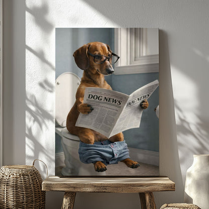 Dog Bathroom Wall Art Print, Dachshund Reading Newspaper on Toilet Canvas